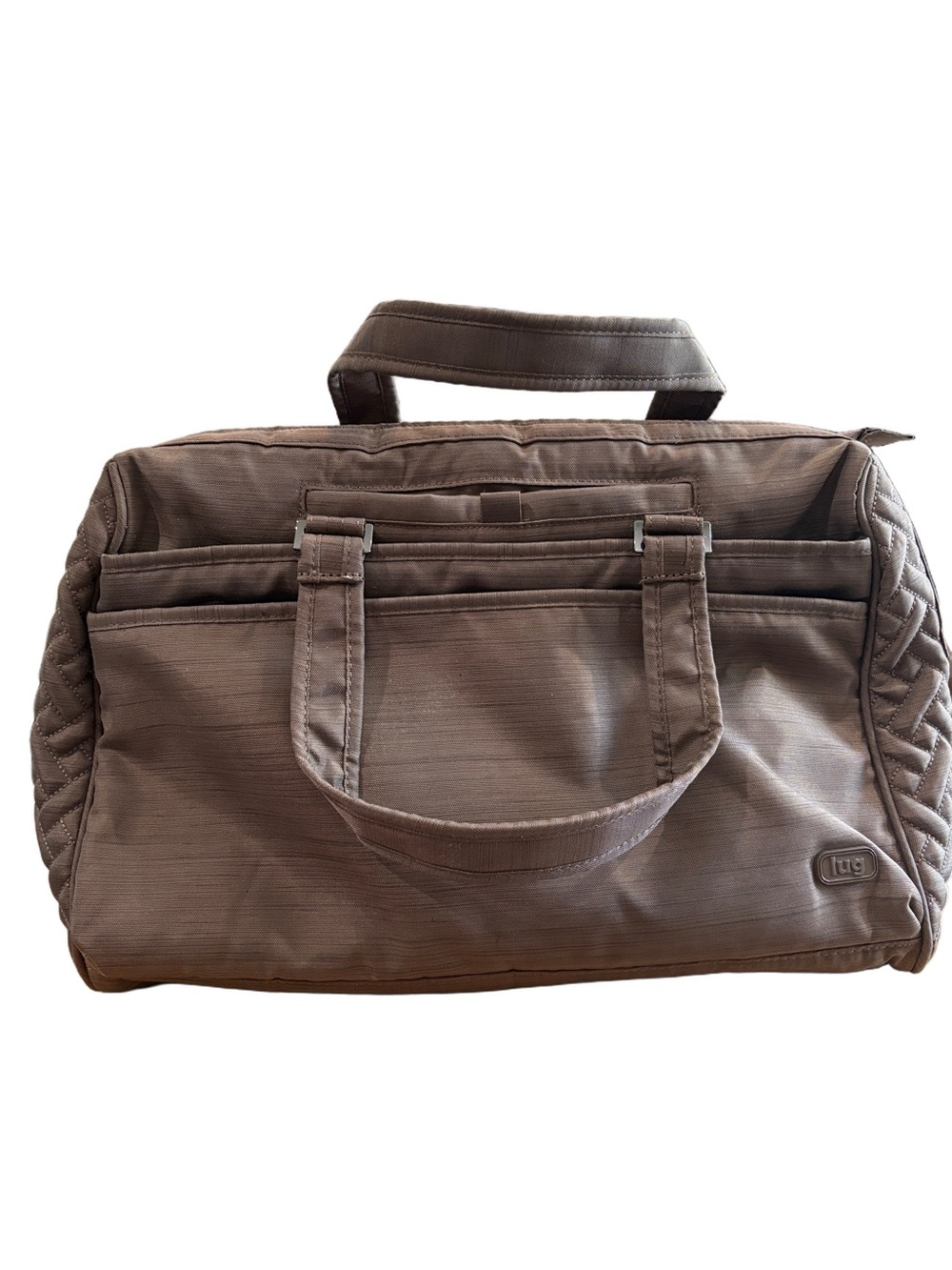 Lug MiniBus brown travel bag matching small roll. Multiple pockets double handle